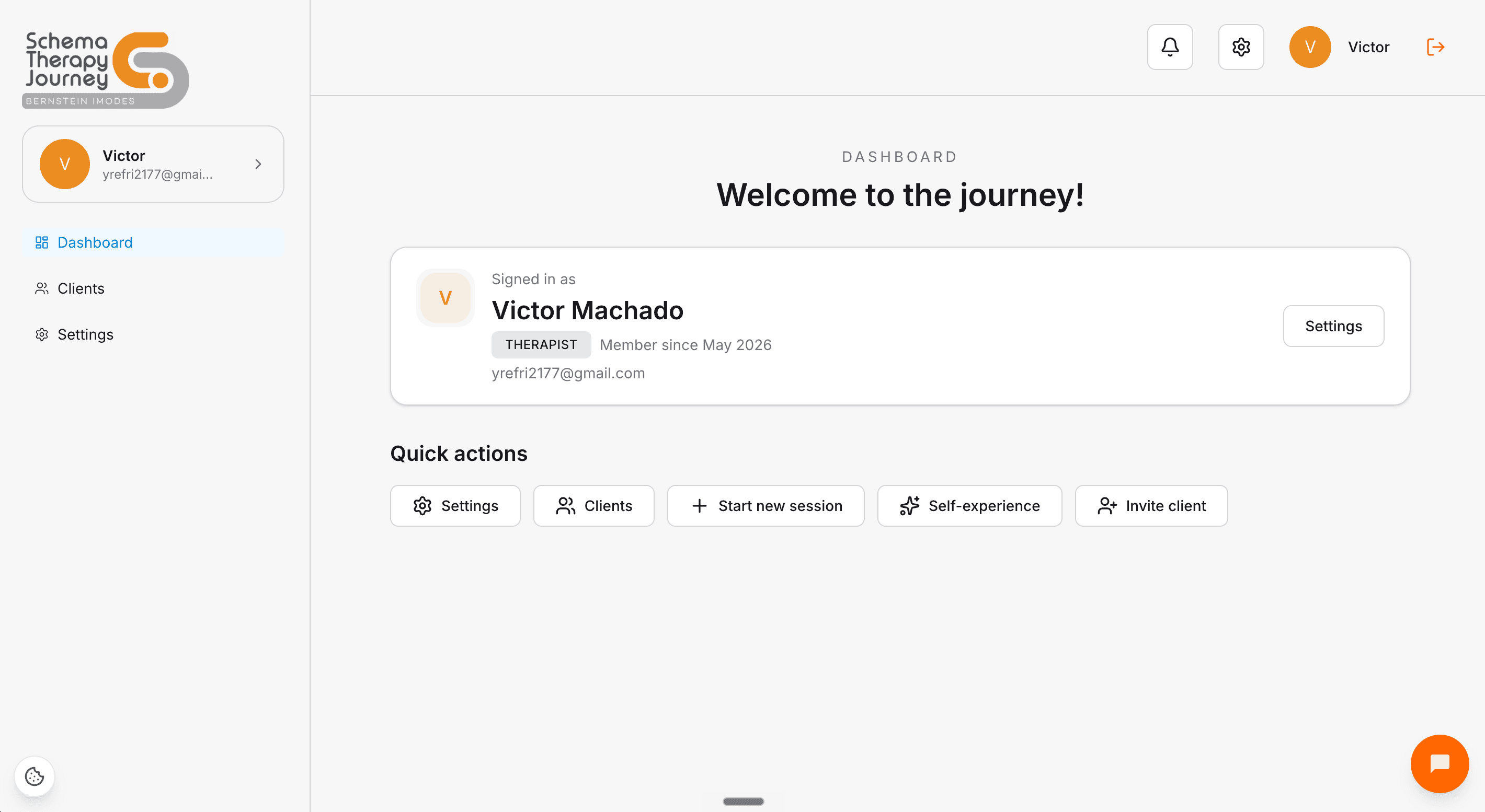 Welcome hub with profile, quick actions, and shortcuts to clients, sessions, and self-experience.